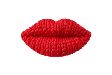 Bright red knitted lips with chunky yarn texture forming classic kissing mouth silhouette, isolated on a transparent background