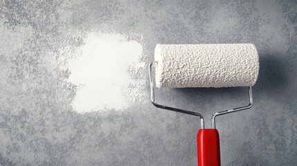Obraz premium Paint roller leaving a fresh stroke of white paint on a gray wall, showing the transformation process in home renovation