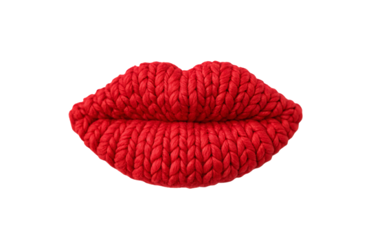 Bright red knitted lips with chunky yarn texture forming classic kissing mouth silhouette, isolated on a transparent background