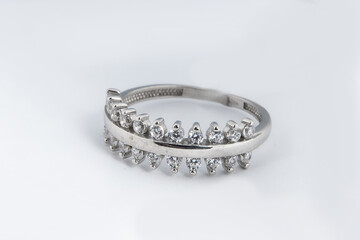 Silver diamond ring isolated on white background. Silver jewelry fashion ring