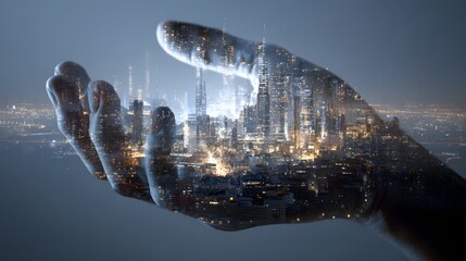 Futuristic smart city with embedded financial indicators supported by a glowing hand