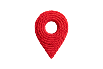 Red crocheted map pin with circular opening and classic location marker teardrop shape, isolated on a transparent background