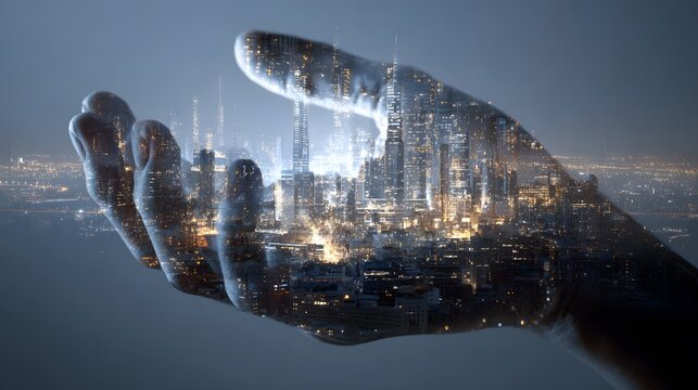 Futuristic smart city with embedded financial indicators supported by a glowing hand