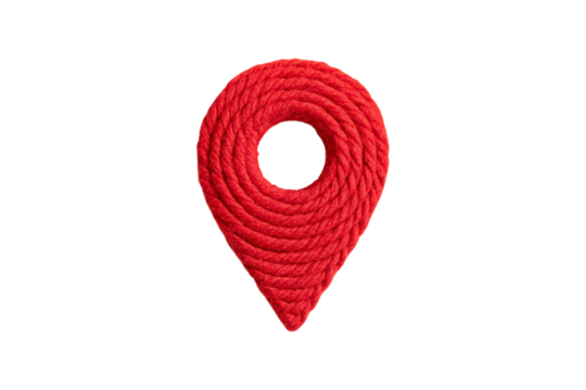 Red crocheted map pin with circular opening and classic location marker teardrop shape, isolated on a transparent background - Powered by Adobe