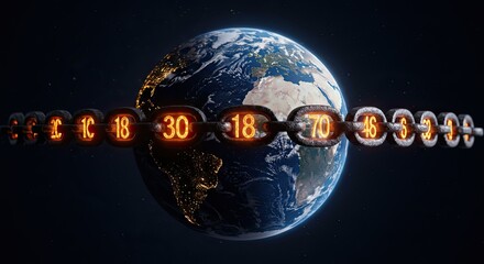 Earth encircled by glowing number chain representing global connections