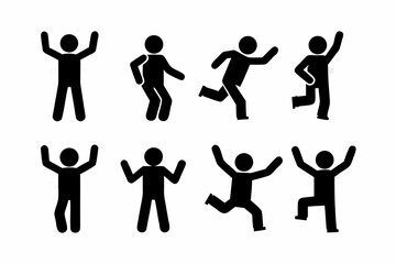 Collection of eight diverse stick figure icons depicting various active poses and celebratory gestures on a white background