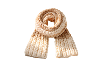 Cream colored chunky knitted winter scarf with thick rope texture, loosely draped formation, isolated on a transparent background