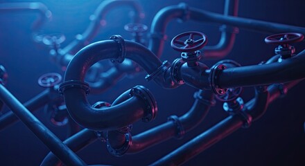 Obraz premium Industrial pipeline system with valves and flanges in a blue lit environment