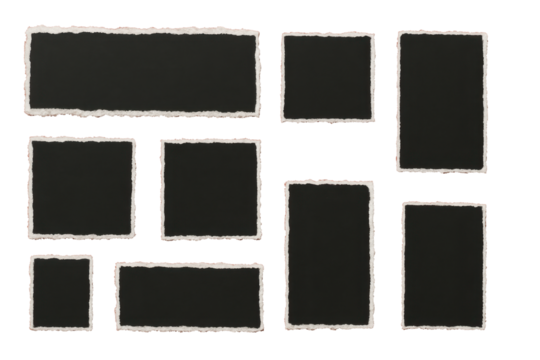 the image shows several dark rectangular and square shapes arranged on a red surface. the shapes appear to be framed with white borders that have a torn or jagged edge