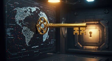 Golden key unlocks the digital world with global data security concept