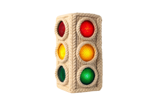 Rope-textured rectangular traffic light with red, yellow, green lights on both front sides, isolated on a transparent background