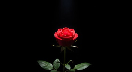 Fototapeta premium Single Red Rose with Water Droplets Illuminated by Spotlight on Dark Background Representing Love and Beauty