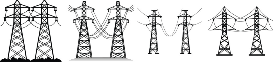 High Voltage Transmission Tower Vector Set. Electric Power Line Pylon Silhouette Collection.