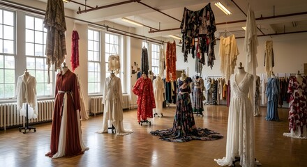 A fashion design exhibition in a spacious studio with unique garments displayed on mannequins and hanging from the ceiling.