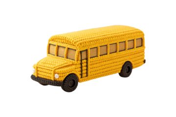 Yellow crocheted school bus with passenger windows and realistic proportions, isolated on a transparent background