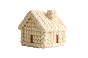 Cream colored chunky knit rope house with rustic texture and handcrafted appearance details, isolated on a transparent background