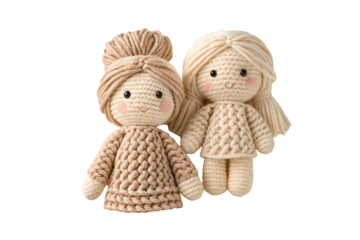 Two beige crocheted dolls with yarn hair, simple faces, wearing knitted sweaters and pants, isolated on a transparent background