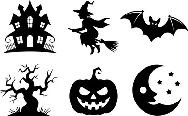 Halloween silhouettes Haunted House Witch on Broom Flying Bat Spooky Tree Jack-o’-Lantern