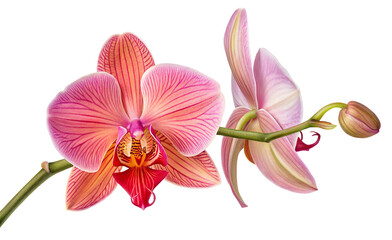 Beautiful vibrant pink orchid flowers isolated on black background closeup photograph for decor