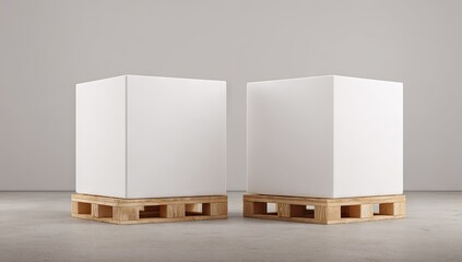 Blank white cube-shaped box resting on a wooden pallet.