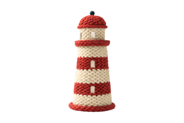Red and white striped lighthouse with rope texture, nautical maritime tower decoration, isolated on a transparent background