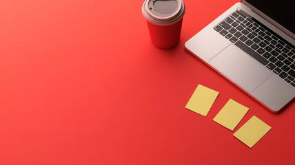 Obraz premium Laptop, sticky note, coffee cup, workspace, red background create modern office scene