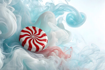 Peppermint Candy Swirl in Blue and White Ink Cloud on White Background image photo