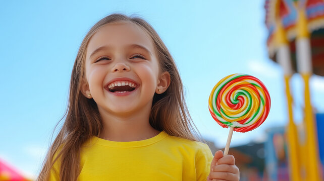 Young girl laughing holding colorful lollipop outdoors, joyful summer day at amusement park