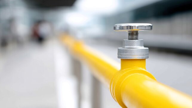 A vibrant yellow valve atop a pipe catches the eye. It symbolizes industrial design and functionality. The sleek finish adds modernity. Perfect for engineering and construction themes. AI