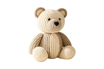 Beige crocheted teddy bear with dark ears sitting upright with gentle expression, isolated on a transparent background