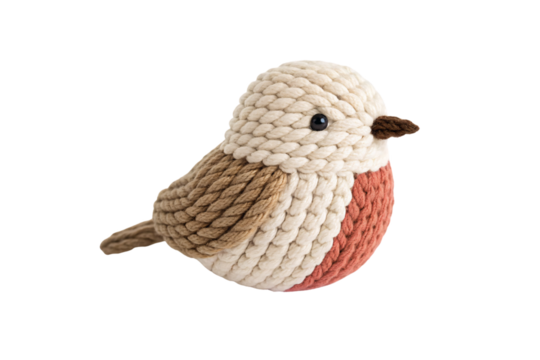 Small rope bird with cream body, brown wings, orange breast patch, black eye, rustic crafted design, isolated on a transparent background
