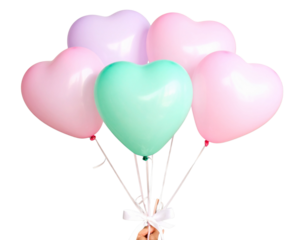 Cluster of Pastel Heart Balloons in Pink, Lavender, and Mint, Tied Together, Floating Upward, Transparent PNG