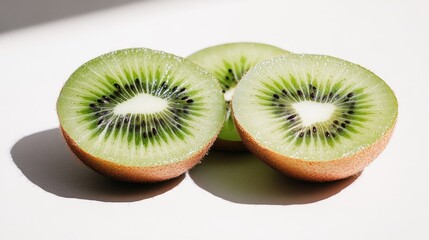 Single kiwi fruit sliced in half, displayed against a crisp white background with soft shadows for depth