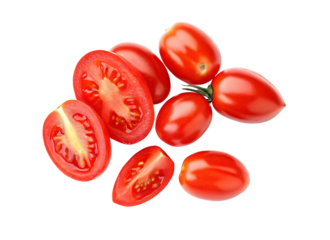 Fresh red tomatoes and sliced roma tomatoes isolated on white background healthy food illustration