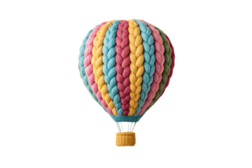 Vibrant multicolored knitted hot air balloon with chunky yarn stripes and natural wicker basket, isolated on a transparent background