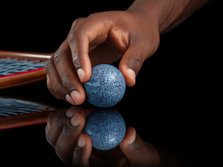 Hand of an African American individual gently holding a blue textured ball on a reflective surface, with a tennis racket partially visible in the background, showcasing sports engagement and focus