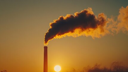 Fototapeta premium Smoke plume drifting from a tall chimney, illuminated by the golden sun at dusk, forming a striking contrast against the fading sky