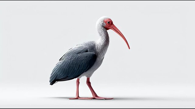 Solitary bald ibis, an elegant wildlife bird, standing tall in calm profile. Portrait showing its pink head and long curved beak, isolated on clean white background