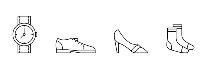 Fashion footwear accessories wearable item icon vector illustration for style shoes socks heels watch elegance trendy outfit clothing dressing essentials.