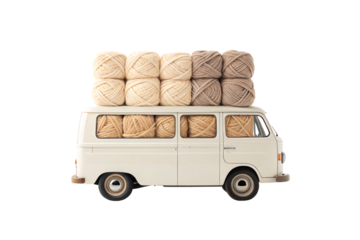 Vintage white bus carrying yarn balls on roof with natural fiber cargo, isolated on a transparent background