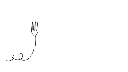 Animated self drawing of continuous line draw plate, fork, knife and glass. Menu food design.  Full length one line animation. 4K
