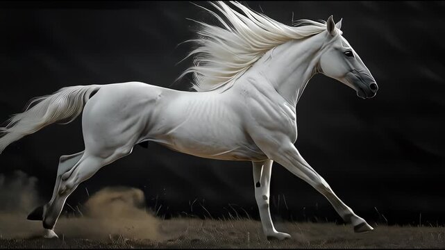 Majestic white horse galloping and running with incredible power, showcasing pure freedom and untamed energy in dramatic motion against stark black isolated background