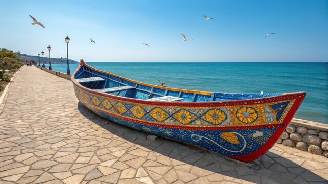 Colorful traditional fishing boat on a sunny coastal path