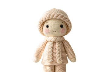 Crocheted child doll wearing cream hooded outfit with pink cheeks and black eyes, isolated on a transparent background
