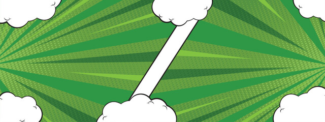 Bright Green Comic Ray Background with Folded Paper and Cartoon Cloud Shape for Children Poster or Fun Promo Design