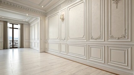 Elegant white room with ornate wall paneling and natural light
