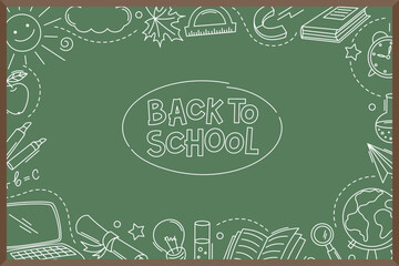 Fototapeta premium Back to school doodle elements. Poster with hand drawn school supplies on blackboard. Education, learning, knowledge concept. Vector illustration