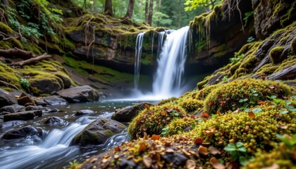 Fototapeta premium acid rain damages mosses and lichens on rocks near waterfalls, disrupting ecosystems that depend on these plants for water retention and soil formation.