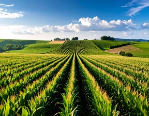 Picturesque cornfield landscape under a blue sky with fluffy white clouds