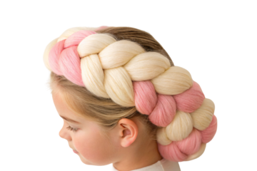 Thick blonde and pink braided hair extension arranged in decorative crown-like formation style, isolated on a transparent background